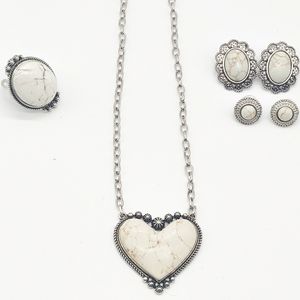 White buffalo Heart Necklace , White buffalo earrings Set, White Buffalo ring